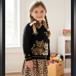 Girls 2Pc Set, Qtr Zip Knit Sweater, w/Leopard Faux Fur & Skirt Set